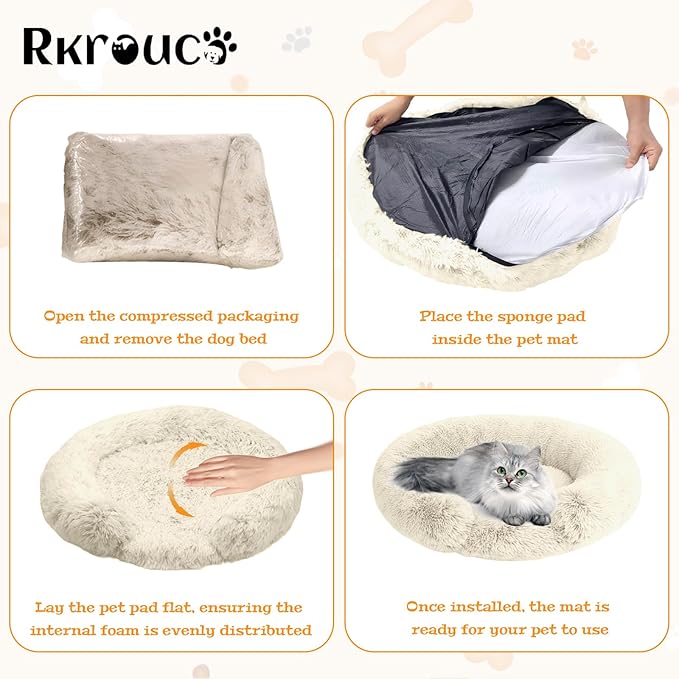 Fluffy Dog Bed Calming Donut Beds for Large Dogs Warming Round Small Medium Pet Nest Cozy Cat Mattress Indoor Washable Puppy Kennel Kittens Sleep Mat (XS, 20×20 inch, Khaki)