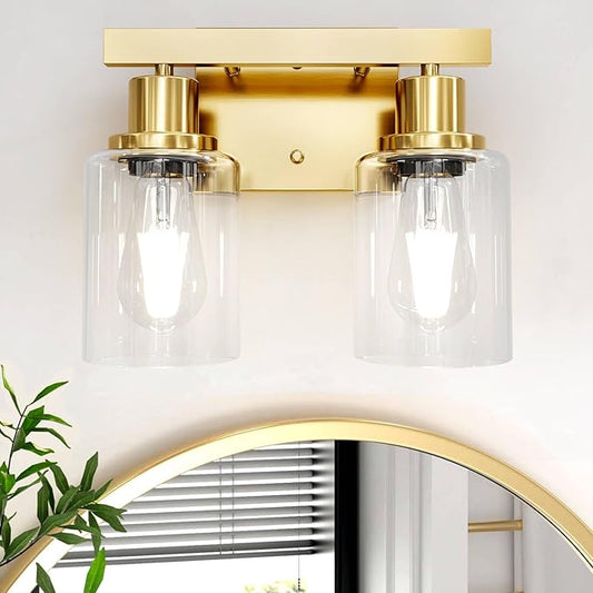 2-Light Brushed Gold Vanity Lights for Bathroom, Brushed Gold Bathroom Light Fixtures, Modern Vanity Lighting Over Mirror with Clear Glass Shade, Farmhouse Bath Wall Lamp for Mirror