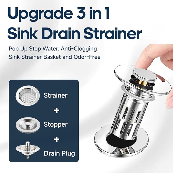 Pop Up Sink Drain Strainer, Bathroom Sink Drain Stopper with Removable Stainless Steel Drain Hair Catcher Basket, Universal Bathroom Sink Stopper Replacement, Drain Plug Filter (2PCS New)