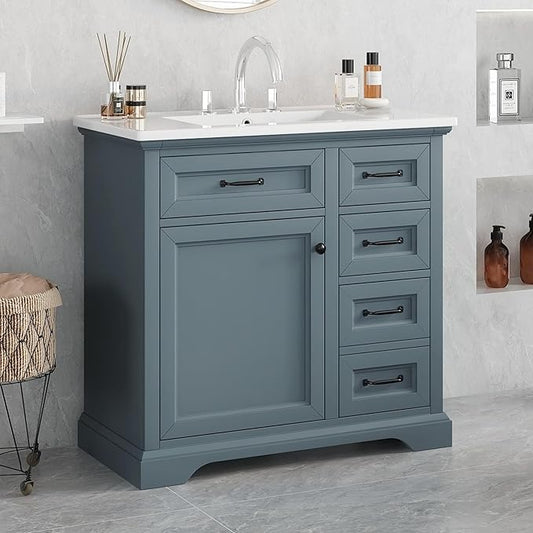 Christopher Knight Home Meril Bathroom Vanity with Ceramic Sink, Wooden Bathroom Storage Cabinet, Pedestal Sink Storage Cabinet, Bathoom Vanity Organizer, Adjustable Door Shelves+Drawer, Blue Gray