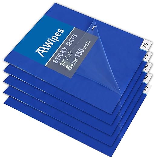 AAwipes Sticky Mat Tacky Pads Adhesive 24" x 36" 5 Packs, 30 Sheets/Packs, 150 Sheets Total Blue Cleanroom Floor Mats Remove Dirt for Laboratory Construction Hospital Shoes