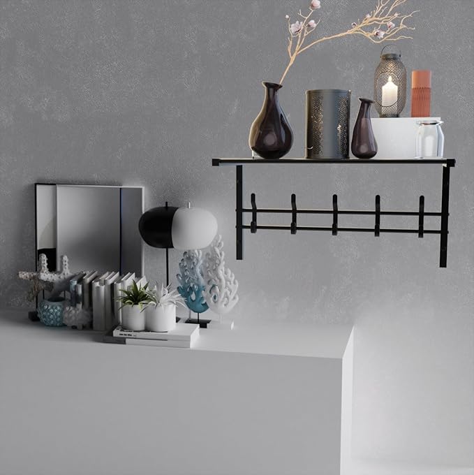 Wall Mount Coat Rack with Shelf and Adjustable Hooks - Entryway Towel Organizer for Bag and Hangers (Black, 24x24 inch)