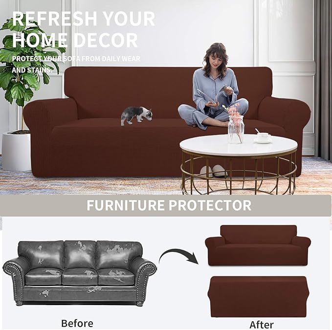 Easy-Going Stretch Oversized Chair Sofa Slipcover 1-Piece Couch Sofa Cover Furniture Protector Soft with Elastic Bottom for Kids Spandex Jacquard Fabric Small Checks Coffee