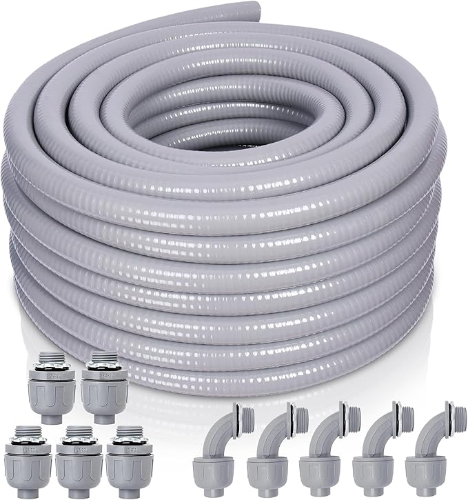 Liquid-Tight Conduit and Connector Kit - 3/4 Inch 50 FT Non Metallic Liquid Tight Electrical Conduit with 5 Straight and 5 Angle Fittings
