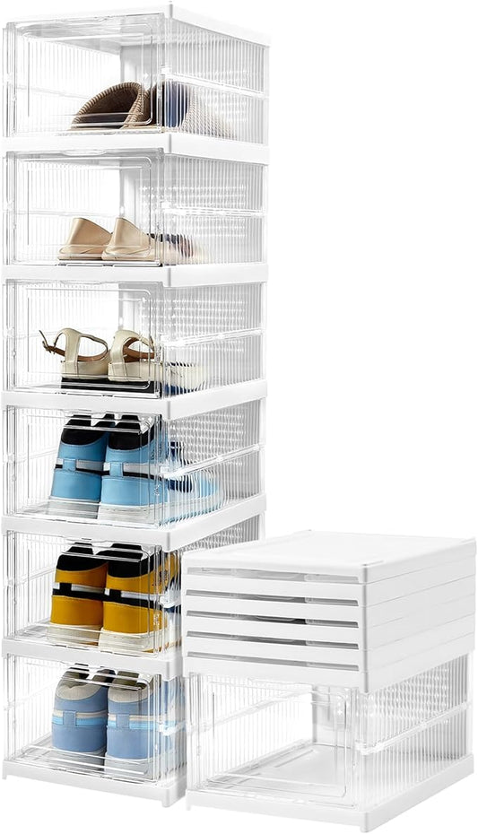 Upgrade Clear Foldable Shoe Storage Organizer, No Assembly 6 Tiers Shoe Box with Fully Clear Door, Plastic Stackable Shoe Rack for Sneakers, Sturdy Shoe Storage Containers Bins