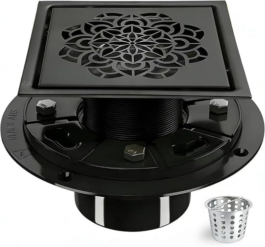 6 Inch Shower Drain, Square Shower Floor Drain Kit with Flange and Removable Cover Grate, AISI 304 Stainless Steel, Matte Black