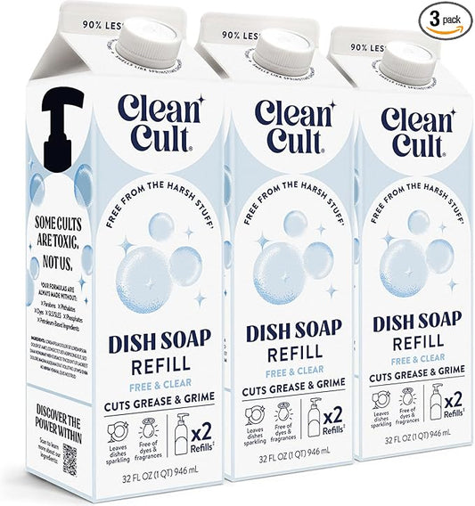 Cleancult Dish Soap Liquid Refills - Plant Based Cleaning Power - Cuts Grease & Grime - Free of Harsh Chemicals - Uses 90% Less Plastic - Free & Clear - 32 oz/3 Pack
