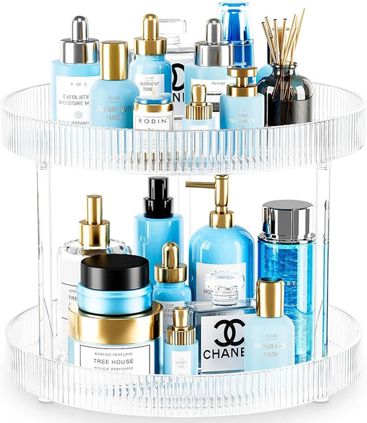 360° Clear Rotating Storage Tray, 2 Tier Lazy Susan Bathroom Countertop Organizer, Cosmetics and Perfume Organizer, Spinning Storage Tray Vanity Organizer Shelf for Bathroom Cabinet, Kitchen(Medium)