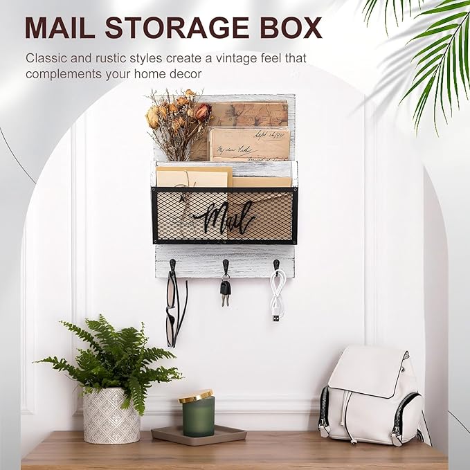 Farmhouse Mail Organizer Wall Mounted Rustic Mail Holder Hanging Key Sorter with 3 Hooks Indoor Wooden Wall Mounted, Letter, Magazines, Newspapers, Keys(Classics,White Gray)