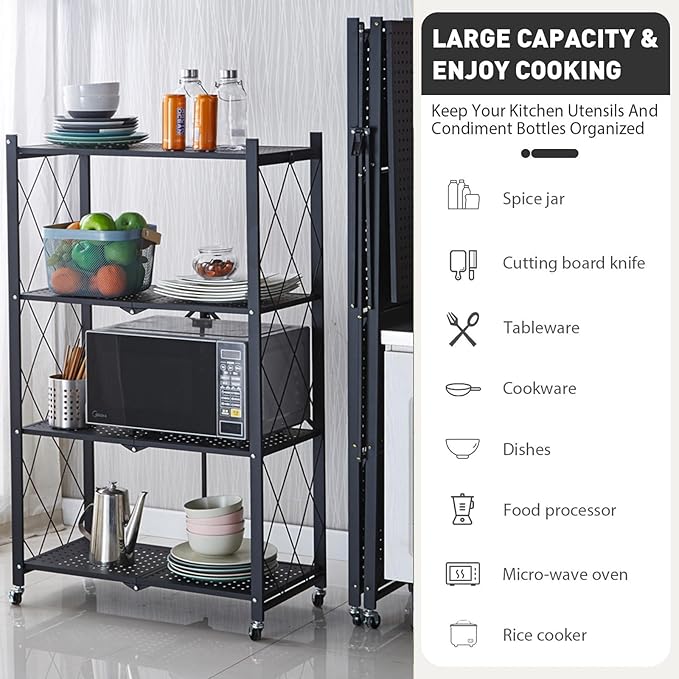 Folding Shelf Foldable Shelves with Wheels - Folding Shelves No Assembly , Collapsible Shelf Unit Display, Kitchen Organizers and Storage, Pop Up Heavy Duty Rack , 4-Tier Black 28"D x 14"W x 49"H