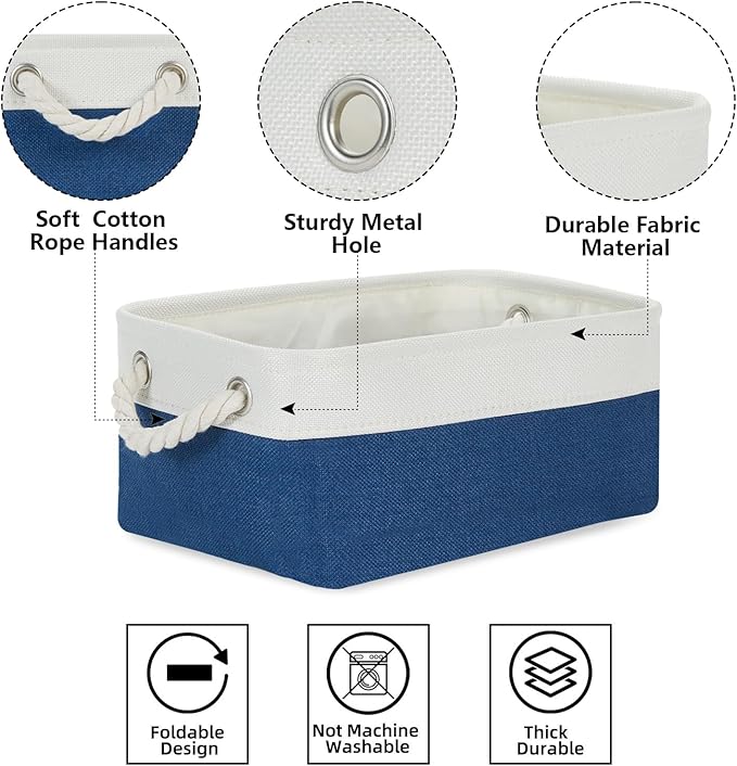 Bidtakay Small Canvas storage baskets with Handles [6 Pack] Navy Blue Fabric Storage Bins 11.8 x 7.8 x 5 inches Decorative storage baskets for Shelves, Closet, Nursery (White&Blue)