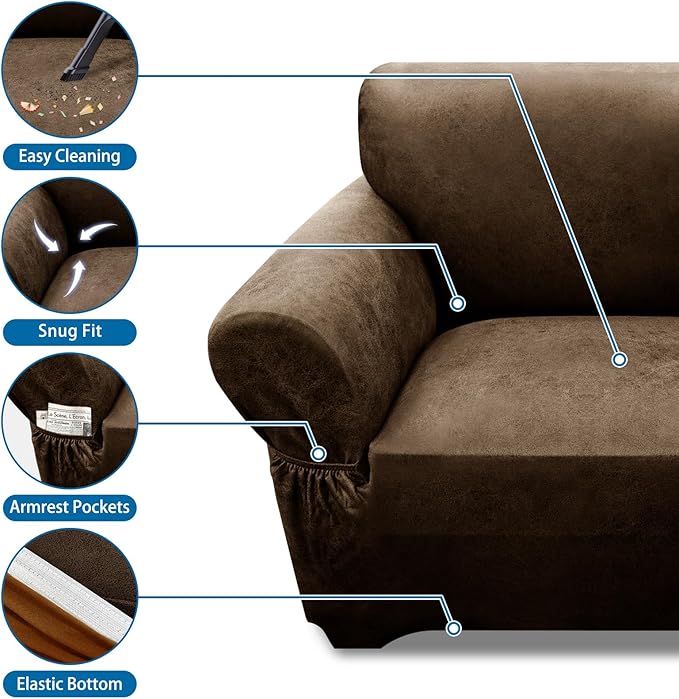 Couch Cover Leather Look 3 Seater Couch Sofa Cover 1-Piece Sofa Slipcover Stretch Furniture Protector with Elastic Bottom & Pockets(Sofa, Dark Brown)