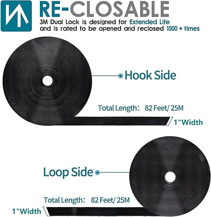 1 Inch x 82 Feet Black Hook Loop Strips with Adhesive Heavy Duty, Double Sided Hook Loop Rolls, Picture Hanging Strips, Bulk Sticky Straps Wall Hanging Strips