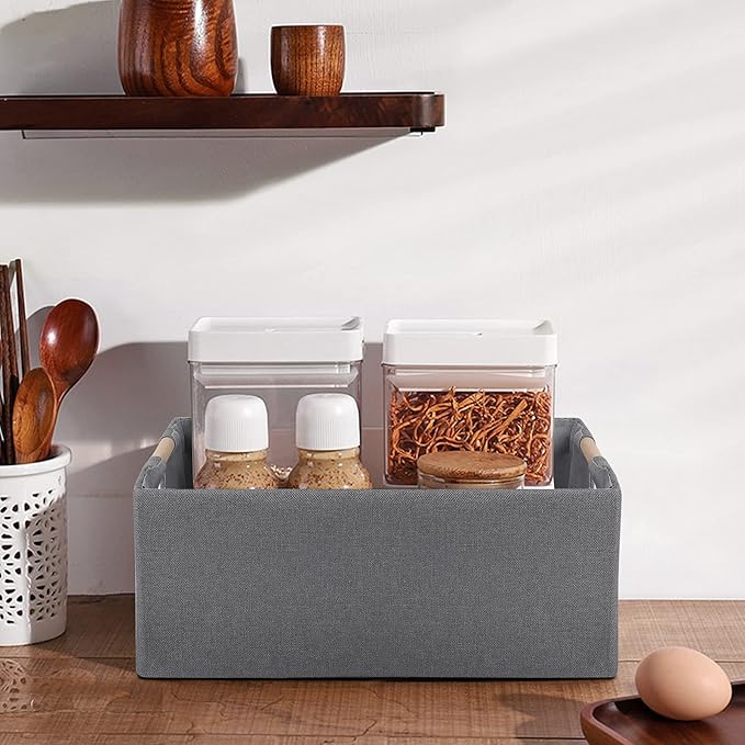 ANMINY 4PCS Storage Baskets for Organizing Collapsible Fabric Storage Bins Boxes with Wood Handles Closet Shelves Cube Organizer Bins Clothes Laundry Storage Container - Large, Gray