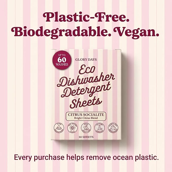 Glory Days Dishwasher Sheets – Citrus Socialite | Eco Friendly, Clean Dishwasher Detergent | Dual Enzyme, Plastic-Free, Vegan | 30 Count