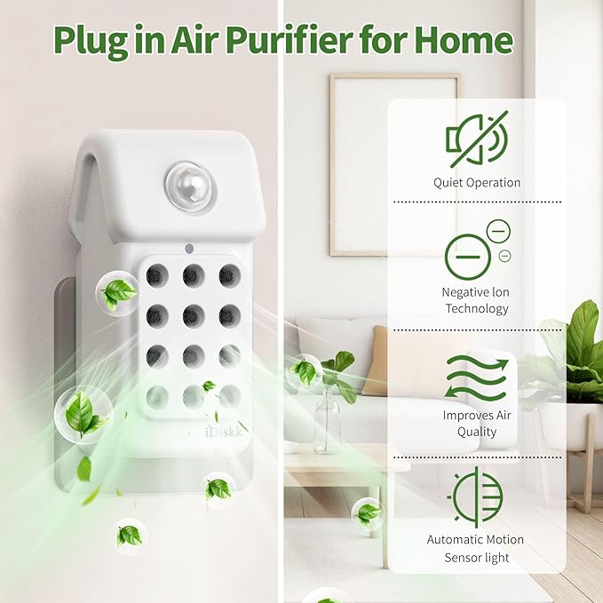 iDiskk 1Pack Plug in Air Purifier for Home，Negative Air ionizer & Motion Sensor, Mini Portable fresher for Bedroom, Bathroom, Office, Air Cleaner for Odor, Smoke, Pet Dander, Dust (White)