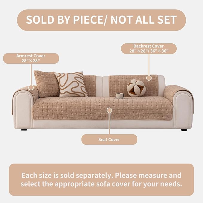 Velvet Sofa Covers Washable, Plush Warm Couch Cover for Loveseat, Funny Fuzzy Couch Covers for Pets&Kids, Non-Slip Sectional Sofa Cover(1PC, Khaki, 35.4"×63", Loveseat)