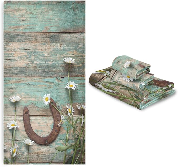 Rustic Western Horseshoe Bath Towels Set,Absorbent Soft 3 Piece Teal White Daisy Flower Wooden Barn Plank Towels for Bathroom,1 Bath Towel 1 Hand Towel 1 Washcloth,Decoractive Bathroom Towels