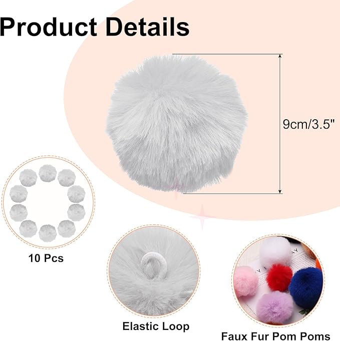 uxcell 3.5 Inch Faux Fur Pom Pom Balls, 10 Pcs Light Grey Fluffy Soft Faux Fur Pom Poms for Hats with Elastic Loop for DIY Knitting Hats Keychain Scarves Gloves Bags Shoes Accessories