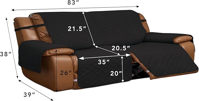 Easy-Going Oversized Loveseat Recliner Cover, Reversible Couch Cover for Double Recliner, Split Sofa Cover for Each Seat with Elastic Straps for Kids, Dogs, Pets(Oversized 2 Seater, Black/Beige)