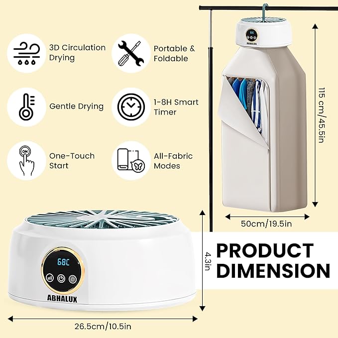 Mini Dryer For Clothes – Portable Laundry Machine, Compact Electric Dryer For Apartments, Travel & Small Spaces Fast Drying With Adjustable Timer And Wrinkle Care