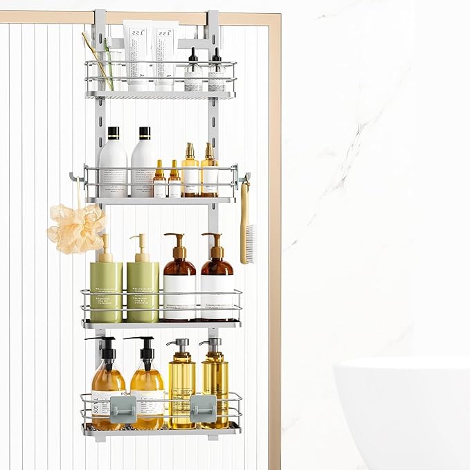 Orimade Adjustable Hanging Over the Shower Door Caddy,Bathroom Organizer Shelf Storage with 4 Hooks for Razor,No Drilling Rustproof Shower Rack Basket, 4 Tier, Silver