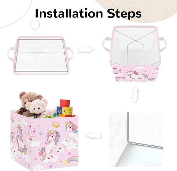Clastyle 3 pcs Unicorn Cube Storage Unit Bin with Metal Frame Rainbow Kallax Box for Shelves Parents Closet Organizer Basket for Book Clothes Toy Organizer, Crown, 11.8x11.8x11.8 in