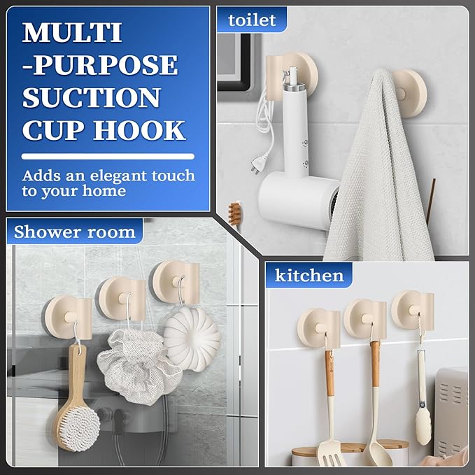 Heavy Duty Reusable Suction Cup Hooks for Shower - No Drill Bathroom/Glass/Mirror/Tiles & Metal Surfaces,and Smooth Non-Porous Surfaces for Towels, Robes, Loofahs (2, Milk White)