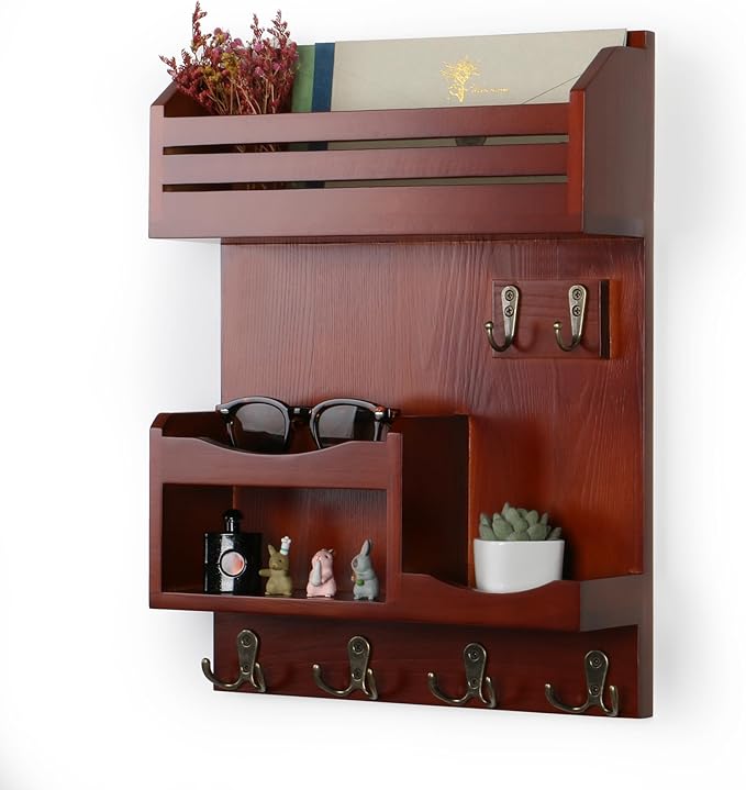 Key Holder for Wall, Wall Mounted Mail Organizer with 6 Metal Key Hooks, Key Racks for Home Entryway Decor, Luxury Auburn