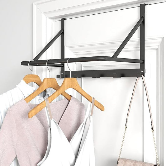Over The Door Clothes Hanger, Metal Clothes Rack for Door with 5 Hooks, Over The Door Hanger for Bathroom, Laundry, Bedroom, Washroom, Fits Door Up to 1.97", Matte Black