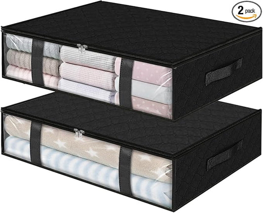 StorageRight Under Bed Storage Bins, 2-Pack 40L Foldable Fabric Storage Bags with Transparent Window, Breathable Organizer for Clothes/Blanket/Comforter/Quiltr, Black