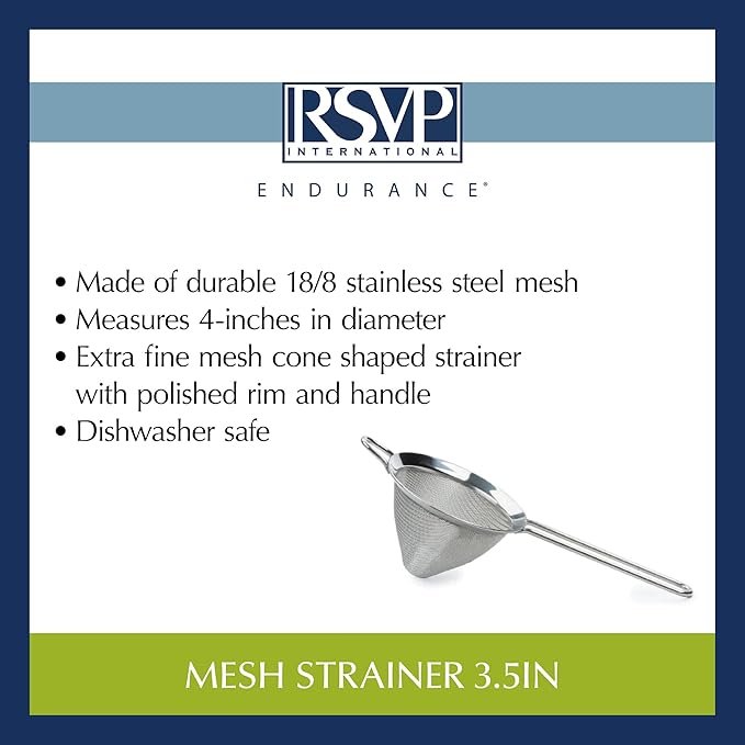 RSVP International Endurance Kitchen Collection, Stainless Steel Fine Mesh Conical Sieve/Colander, Multi-Purpose for Cooking, Baking, Loose Leaf Tea, Bar Strainer Cocktails, 4-Inch