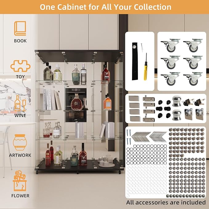 LFT HUIMEI2Y Glass Display Cabinet 12 Shelves with 3 Columns 2 Doors, Mirror Back Panel and Lock, Curio Cabinets Quick-Install Style Tempered Glass Bookshelf for Living Room, Kitchen Black