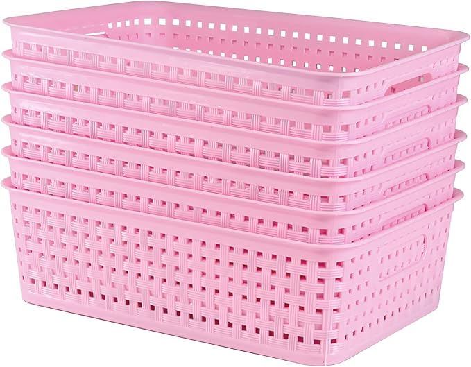 6-Pack Plastic Small Shelf Storage Weave Baskets, Multi-Purpose Pink Open Containers for Shelving Pantry Cabinet Small Stackable Storage Bins for Organizing