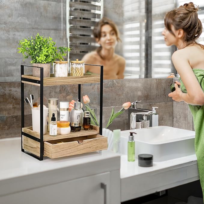 2-Tier Bathroom Organizer Countertop with Drawer, Wood Counter Shelf for Storage, Vanity Tray for Organization and Decor, Countertop Organizer for Bathroom, Kitchen, Office (Brown)