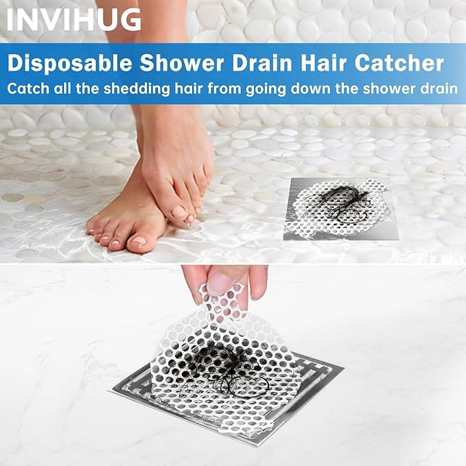 INVIHUG,25 Pack, Disposable Shower Drain Hair Catcher Mesh Stickers,Disposable Hair Drain Catcher. (White)