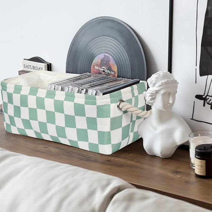 3Pcs Sage Green Checkered Canvas Basket, Small Rectangular Organizing Decorative Storage Basket for Kids, Dog Toy, Cute Aesthetic Checkered Room Decor for Home, Bedroom, Shelves (Green)