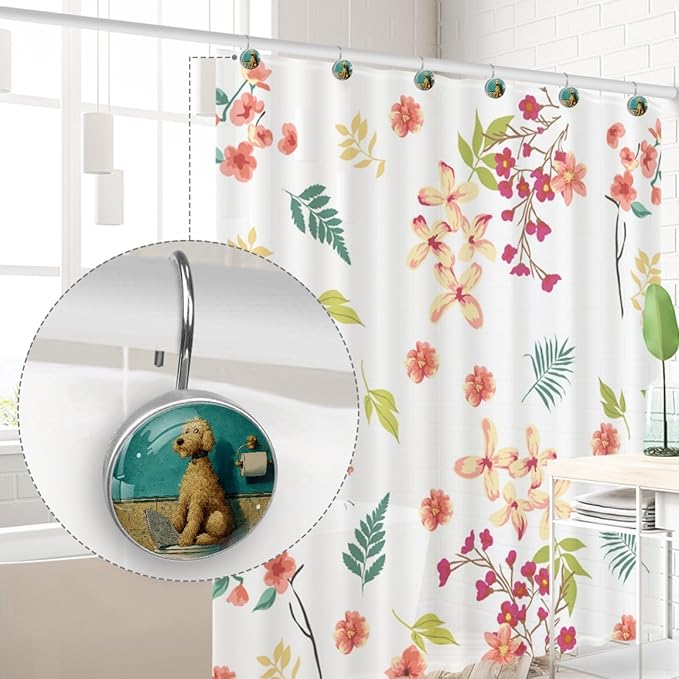 Dog on The Toilet Shower Curtain Hooks 12Pcs, Decorative Rust Resistant Shower Rings for Shower Curtain Rods, Stainless Steel Round Curtain Hooks for Bathroom, Bedroom, Farmhouse