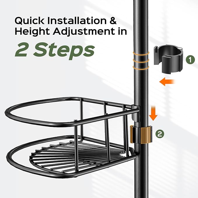HAMITOR Shower Caddy Tension Pole: 4-Tier Rustproof Bathroom Corner Shelf Organizer for Renters - No Drill Large Shampoo Storage Rack - Adjustable 47-121 Inch - Space Saving Bathtub Accessory - Black
