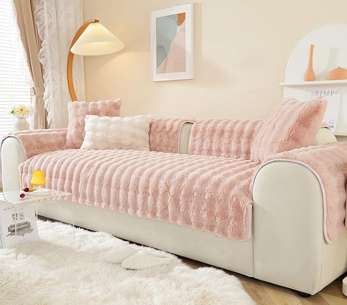 Soft Warm Faux Fur Couch Sofa Cover Thick Shaggy Fuzzy Sectional Couch Cover Non-Slip Solid Color Plush Sofa Slipcover Furniture Protector for Kids, Pets (Pink,36"x94")