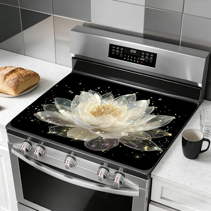 Glass Stove Top Covers for Electric Stove, Heat Resistant Counter Protector Mat, Non Slip Waterproof Surface Cover for Kitchen Counter and Cooktop (Glow Lotus, 28"L x 20"W)