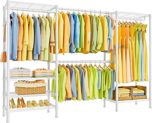 SEMHOR E06 Expandable Heavy Duty Clothes Rack for Reach-in Closet, Large Freestanding Clothing Racks with Shelves, Carbon Steel Closet System Adjustable from 70.8-93.9", Max Load 800LBS, White