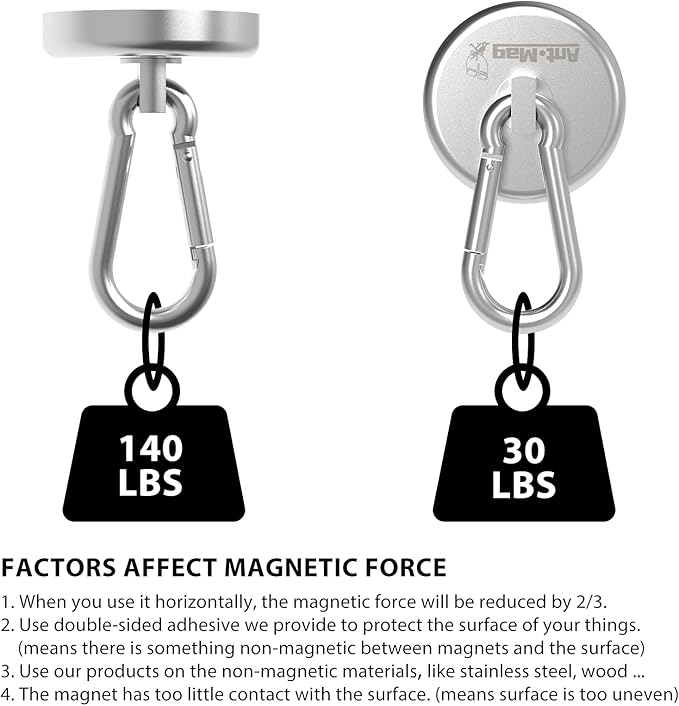 Ant Mag Magnet Hooks Heavy Duty 160LBS Neodymium Magnet with Swivel Carabiner Snap Hook for Indoor/Outdoor Hanging Bag Kitchen Garage Cruise Ship (8 Pack)