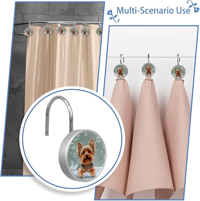 Bathing Dog and Bubbles Shower Curtain Hooks 12Pcs, Decorative Rust Resistant Shower Rings for Shower Curtain Rods, Stainless Steel Round Curtain Hooks for Bathroom, Bedroom, Farmhouse