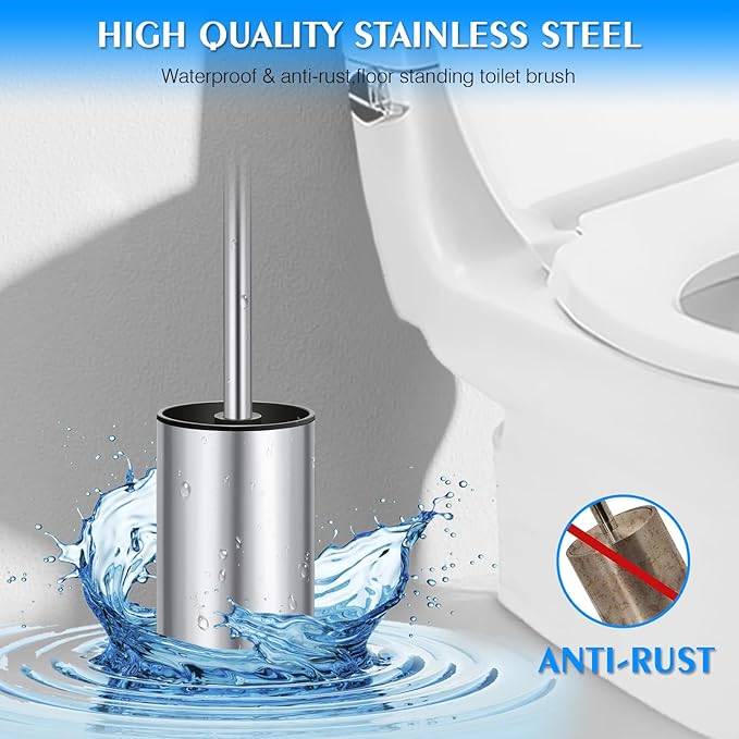 QL Toilet Brush and Holder，Stainless Steel Toilet Brush，Quick Drying Bathroom Toilet Bowl Scrubber Brush for Home and Commercial Use (Silver)