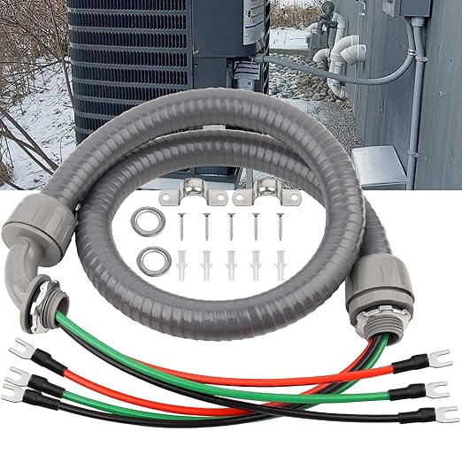1/2Inch Power Whips Assembly, 4FT Nonmetallic Liquid Tight Flexible Conduit Wire with 3 Conductors 10 Gauge THHN Electrical Wires, A/C Hook-up Whip Kit Electrical Wire(4FTx1/2Inch)