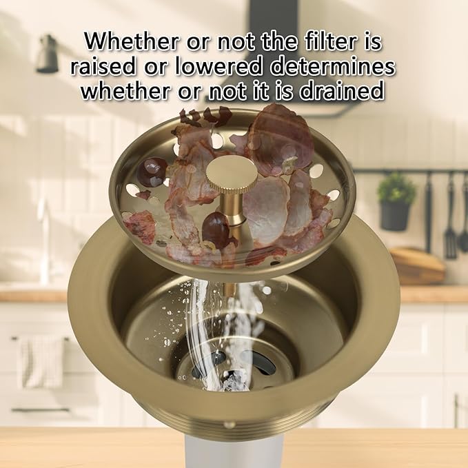 Uni-Green Champagne Bronze Kitchen Sink Drain for Standard 3-1/2 inch Drain - Fit 1-1/2 inch Pipe - Kitchen Sink Drain Strainer Stainless Steel Basket with Knob - Rubber Stopper Bottom
