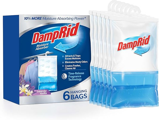 DampRid Lavender Vanilla Hanging Moisture Absorber, 15.4 oz., 6 Pack - Eliminates Musty Odors for Fresher, Cleaner Air, Ideal Moisture Absorbers for Closet, 10% More Moisture Absorbing Power*
