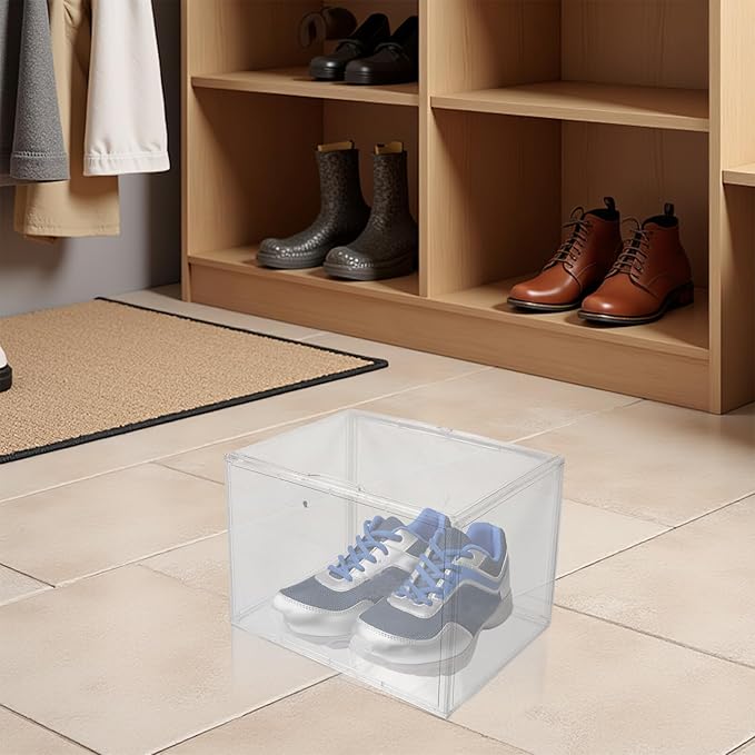 Large Acrylic Shoe Storage Box Organizer 45x33x33cm Stackable Plastic Sneaker Display Container with Side Opening for Closet Entryway under Bed