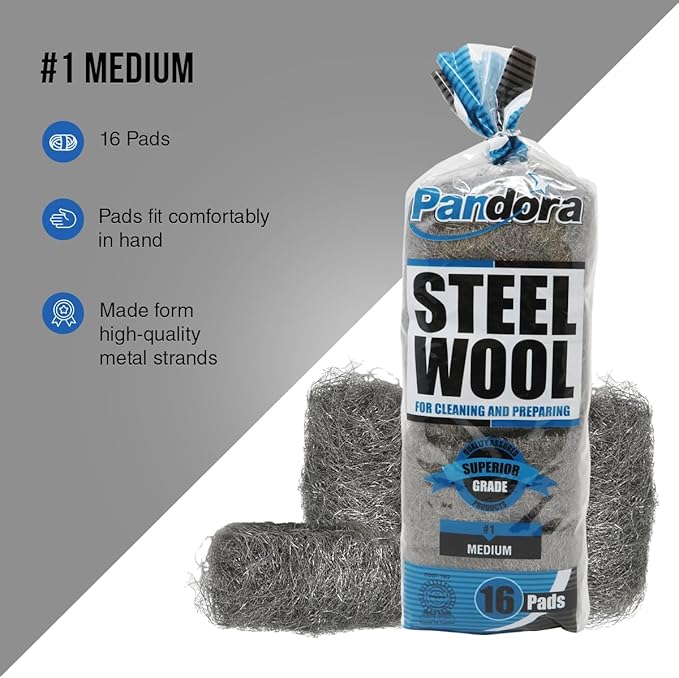 Pandora Steel Wool #1 – Medium Grade, 16 Pads for Cleaning and Preparing- Quality Metal Strands - Ideal for Linoleum Floors, Bowling Balls, and Shoe Soles
